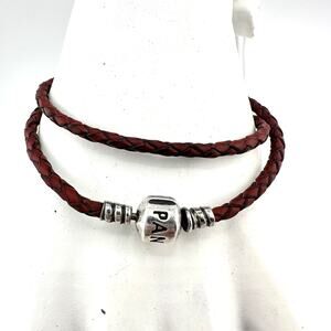 Pandora 925 Sterling Silver Red Braided Leather Wrap Charm 15” Bracelet